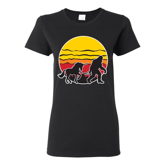Wild Bobby Sunset Silhoutte Unicorn and Sasquatch Women Graphic Tee