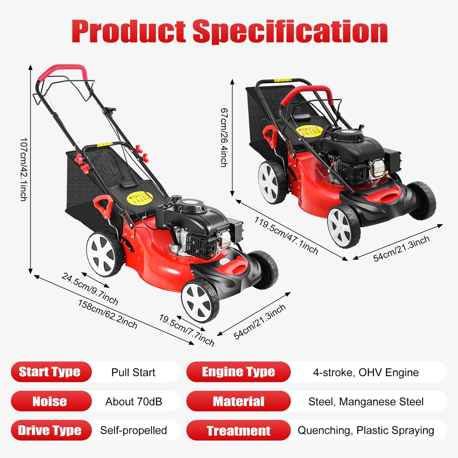 5HP Gas Lawn Mower with 51cm Cutting Width, 60L Collection Bag, Adjustable Height, Durable Steel & Nylon Construction for Efficient Weeding