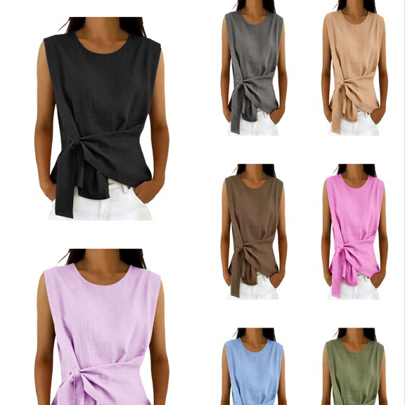 Arlun Womens Linen Wrap Tank Tops 2026 Ruched Tie Side Sleeveless Crew Neck Shirt Casual Summer Beach Blouse Elegant Solid Color Lightweight Comfy Going out Top 1-Pink XL