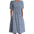 thumbnail image 1 of QJUHUNG Midi pour Femmes Été Décontracté en Vrac Boho Imprimé Floral Col Rond Manches Courtes Genou Longueur Robe Froncée avec Poches, 1 of 4