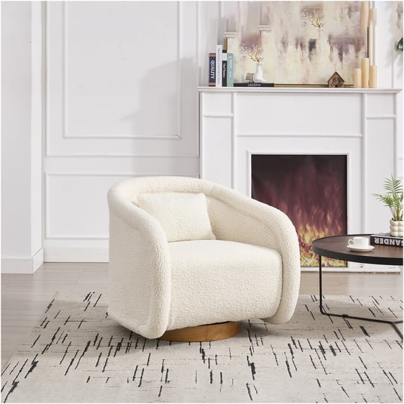 JERFIT Modern Swivel Accent Chair with Plush Teddy Fabric Upholstery, 360° Rotating Barrel Chair for Living Room, Bedroom & Office, White