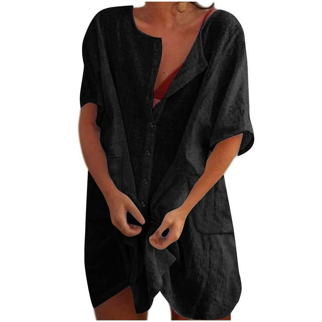 LOVZFMLL Robe Décontractée Mode Femme Couleur Unie Poche Bouton Manches Courtes Col Rond Noir P