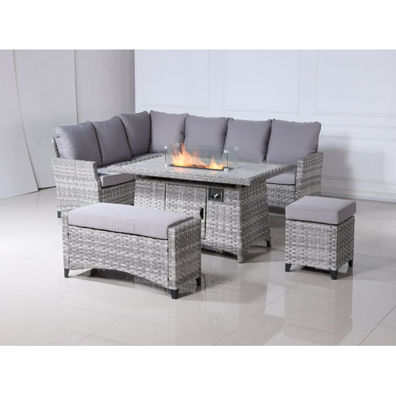 Abrihome New 5-Piece Wicker Outdoor Conversational Sofa Set with Fire Pit Table and Ottoman ,Gray