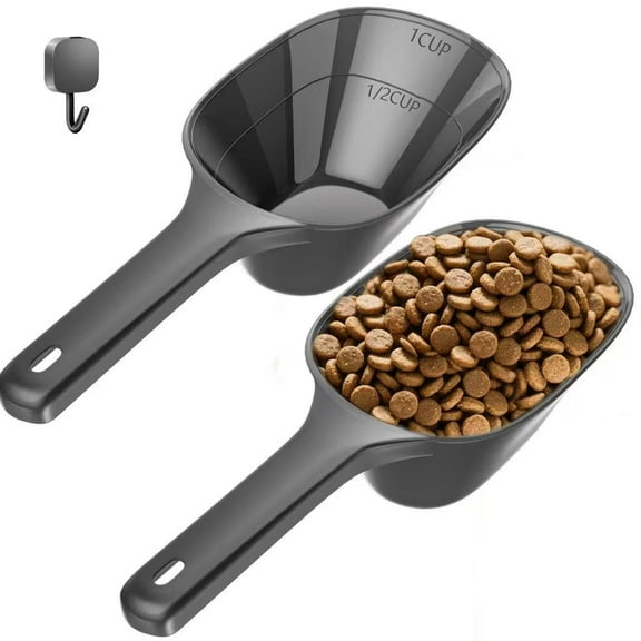 Food Scoop 2 PACK, 2 Cup Capacity Dog Food Scoop With Measuring Lines for Dog, Puppy, and Cat; Coffee Bean & Flour Scoop. Includes Small & Large, Black.