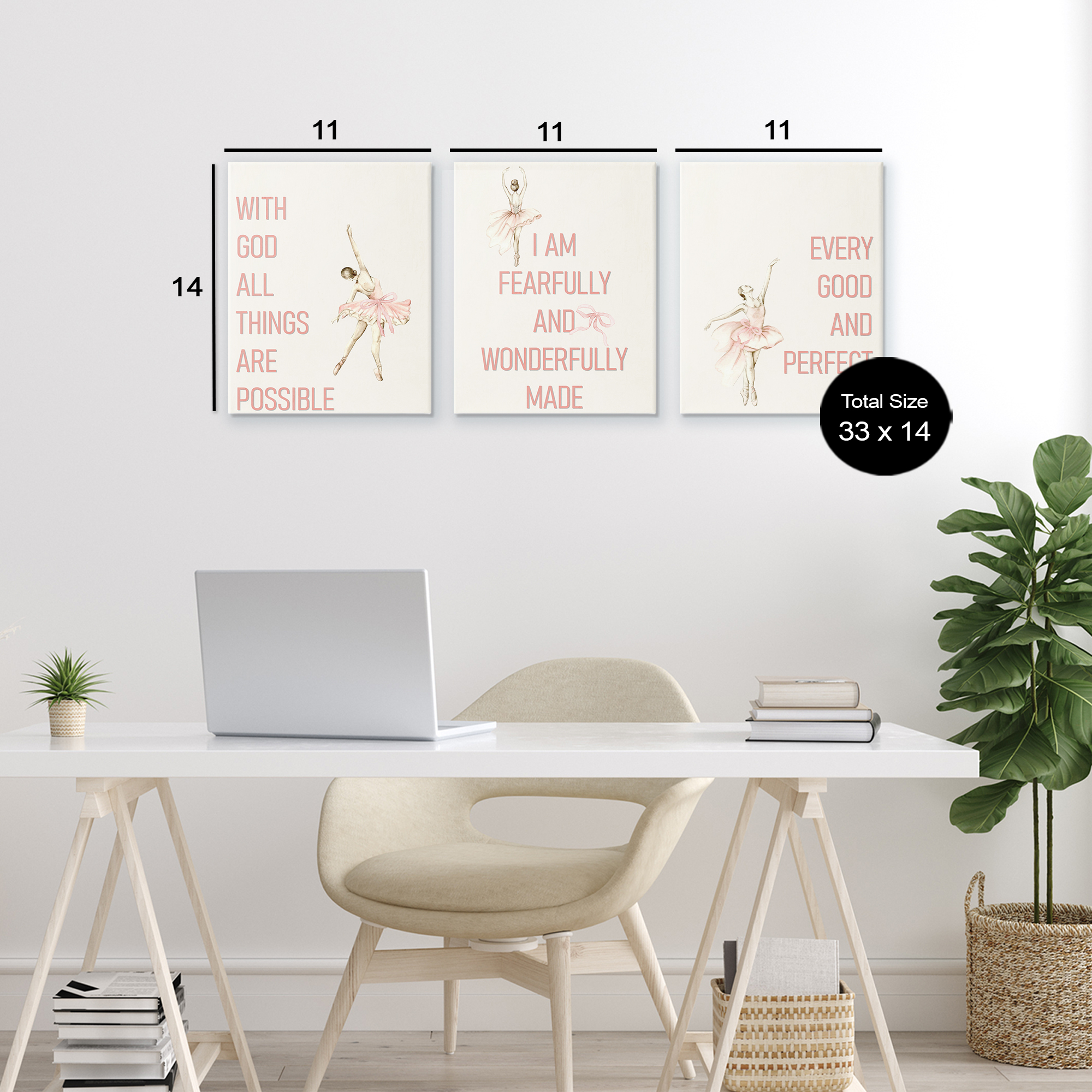 Faith Sentiments with Ballerinas 3 Piece Canvas Wall Art Set, design by Kim Allen