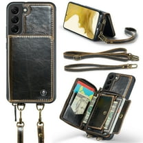 ELEHOLD Crossbody Wallet Phone Case for Samsung Galaxy S22, Zipper Pocket Card Holders Detachable Crossbody Strap Lanyard RFID Blocking Soft Leather Protective Case,Coffee