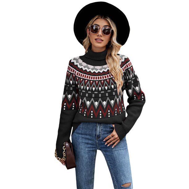 TRKIYQC Suéteres de cuello alto para mujer, suéter de punto suelto de manga larga vintage TRKIYQC moda