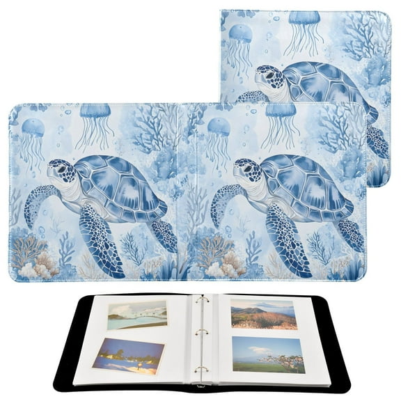 Leather Cover Photo Album 80 Pockets 4x6 Photos Bookshelf Picture Album Watercolor Turtle Jellyfish