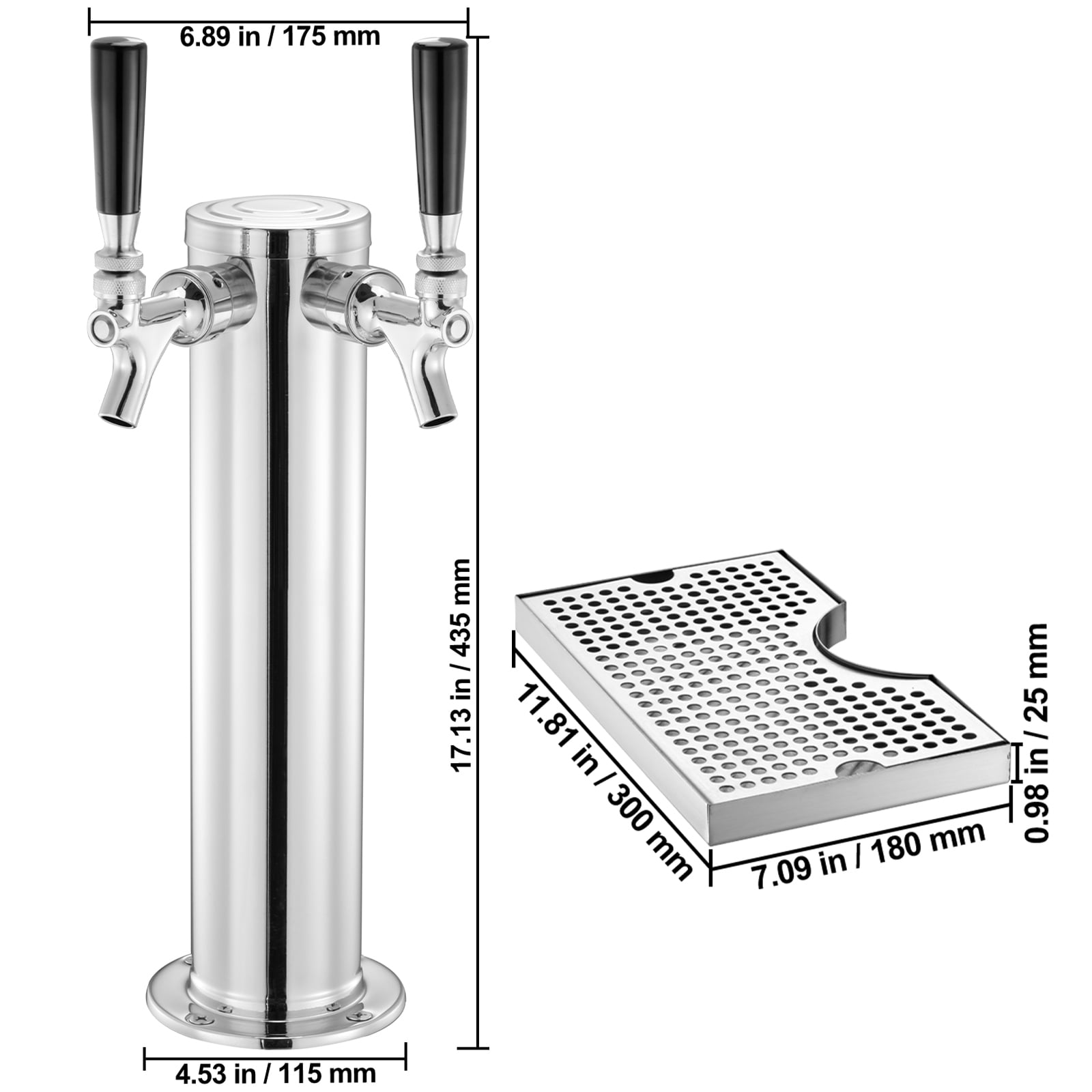 KFFKFF Dual Tap Kegerator Tower Kit, Stainless Steel Beer Dispenser with Dual Gauge Regulator, D-System Keg Coupler, and Drip Tray for Home or Party Use