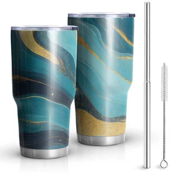 30oz Blue and Gold Marble Wave Art Pattern Tumblers Stainless Steel Tumbler with Lid and Straw,Vacuum Insulated Double Wall Travel Tumbler Cups Mug with Cleaning Brush for Coffee,Tea