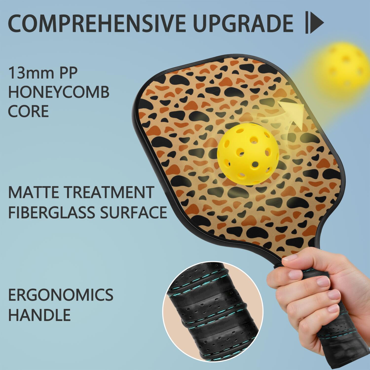 Pickleball Paddles Set Of 1, Fiberglass Surface, Animal, Leopard Print, 1 Paddle, 2 Balls & Bag