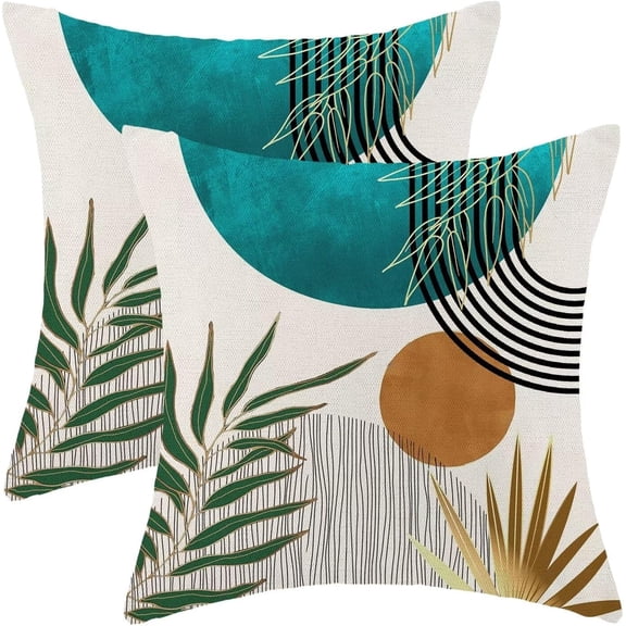 Boho Mid Century Pillow Covers 18x18 Set of 2, Boho Blue Gold Throw Pillowcase Geometric Aesthetic Sunset Outdoor Farmhouse Cushion Cover for Sofa Couch Bed Living Room Decor