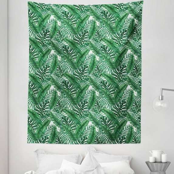 Palm Leaf Tapestry, Watercolor Art of Palm Tree Leaves Fresh Jungle Rainforest Plants, Fabric Wall Hanging Decor for Bedroom Living Room Dorm, 5 Sizes, Forest Green and White, by Ambesonne