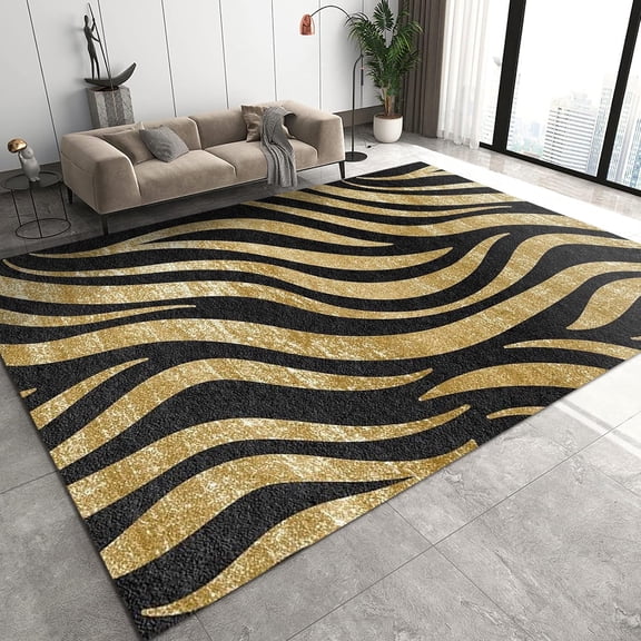 Black Gold Curved Lines Area Rugs, Irregular Stripes European Style Simple Fashion Bedroom Rug, Large Area Rug Non-Shedding Durable Enough Apply to Bath Mat Entrance Door 2x3ft