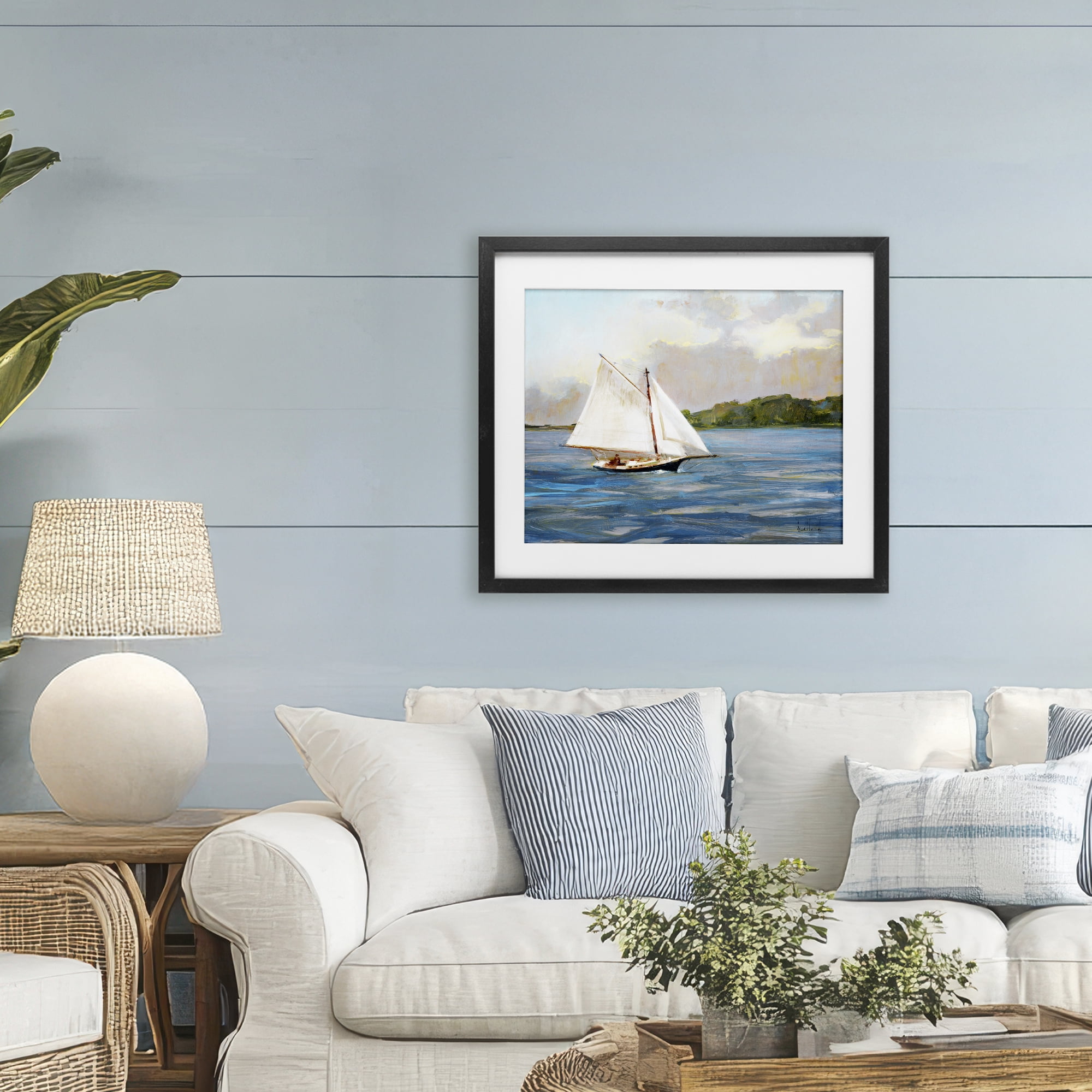 Stupell Industries White Sailboat on Calm Blue Sea Black Framed Print Under Glass, design by Katie Swatland