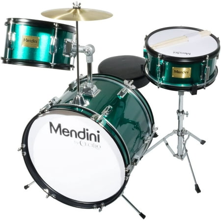 Mendini by Cecilio 16" Child 3-Piece Kids, Junior Drum Set with Adjustable Throne, Cymbal, Pedal & Drumsticks, Metallic Green