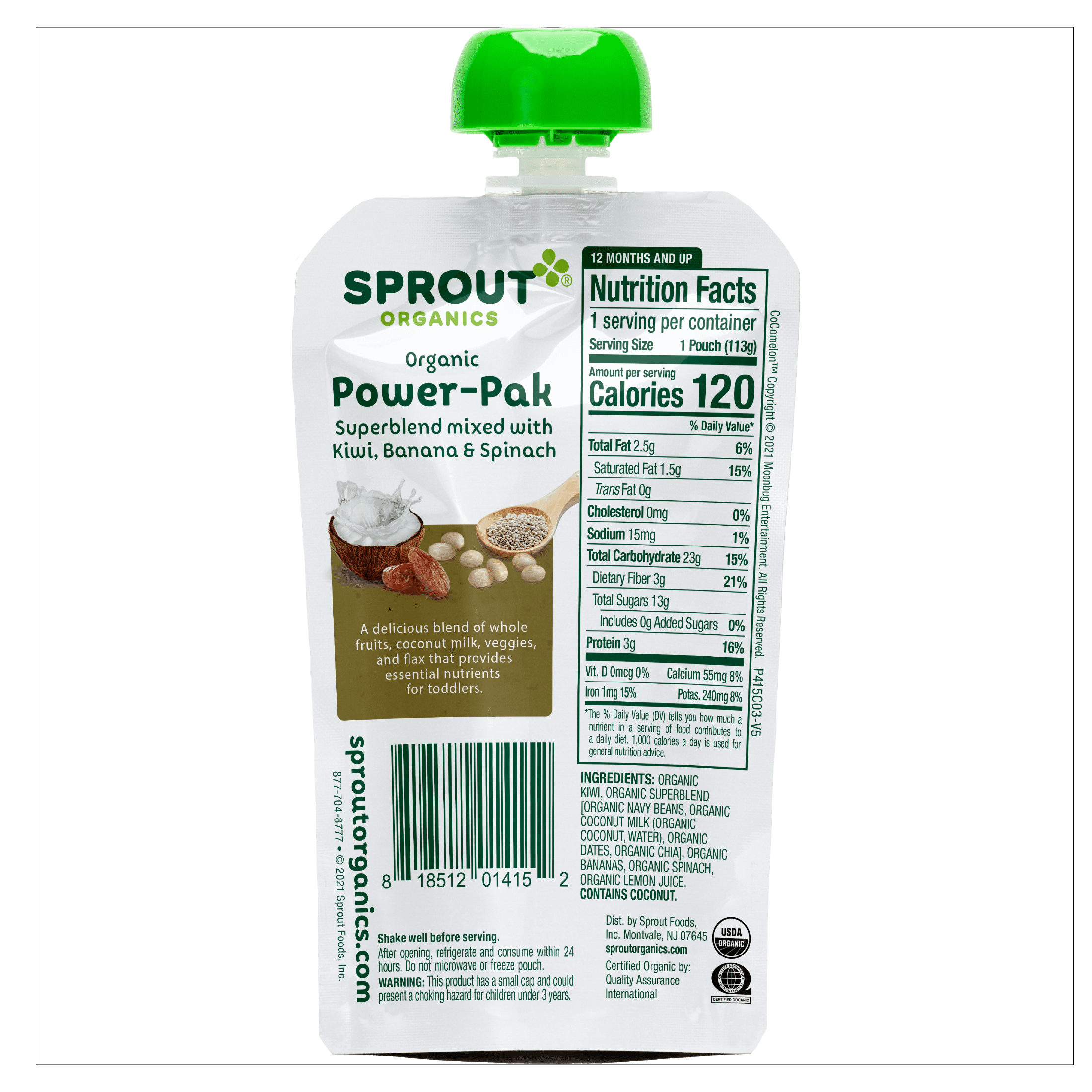 CoComelon Sprout Organics Power-Pak Toddler Food, Organic Kiwi, Banana & Spinach, 4 oz Pouches (6 Pack)