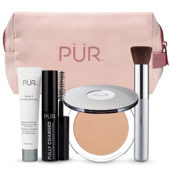 PÜR MINERALS Multitasking Essentials Kit - Makeup Gift Set Includes 4-in-1 Correcting Primer, Fully Charged Mascara, 4-in-1 Pressed Mineral Powder & 1 Chisel Brush