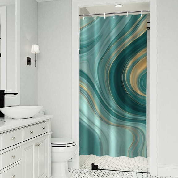 Teal Marble Gold Wave Pattern Shower Curtain 36"x72" ,Bathroom Decorative Shower Curtains Set with 12 Hooks,Modern Waterproof Washable Shower Curtain