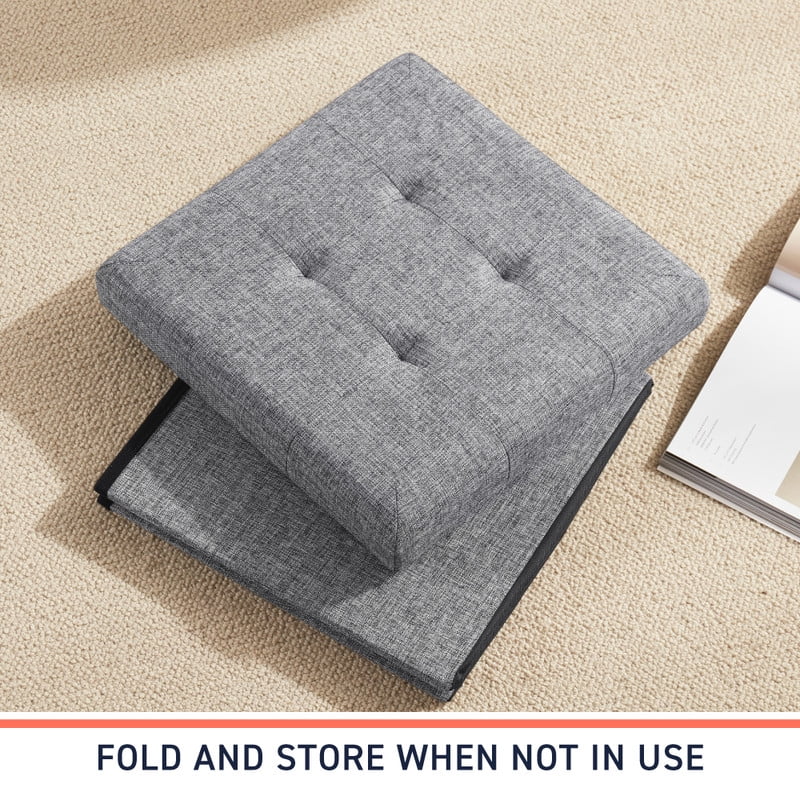 Ornavo Home 2 Pack 15 Inch Folding Storage Ottoman with Storage, Square Cube Linen Small Storage Ottoman Foot Rest Stool - Gray