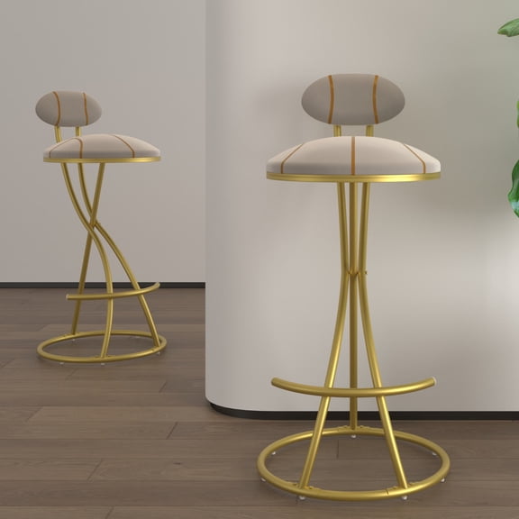 Round Bar Stools Set of 2, Velvet Upholstered Counter Chairs with Back & S-Shaped Metal Frame, Gold.