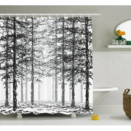 - Forest Shower Curtain, Monochrome Nature Sketch Abstract Scribble Style Tall Trees Timberland Grove, Fabric Bathroom Set with Hooks, 69W X 70L Inches, Black Grey White, by Ambesonne