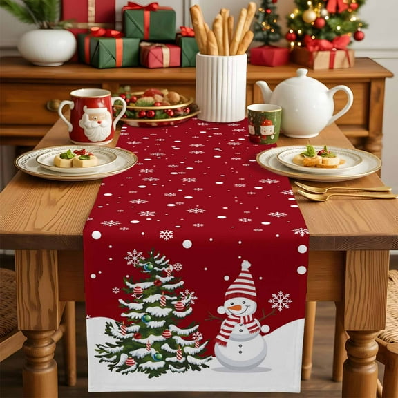 Snowman Christmas Tree Snowflakes Table Runner Dresser Scarf,Kitchen Dining Table Decoration Red Winter Snow Linen Table Runners for Home Wedding Indoor Outdoor Party,13x70in