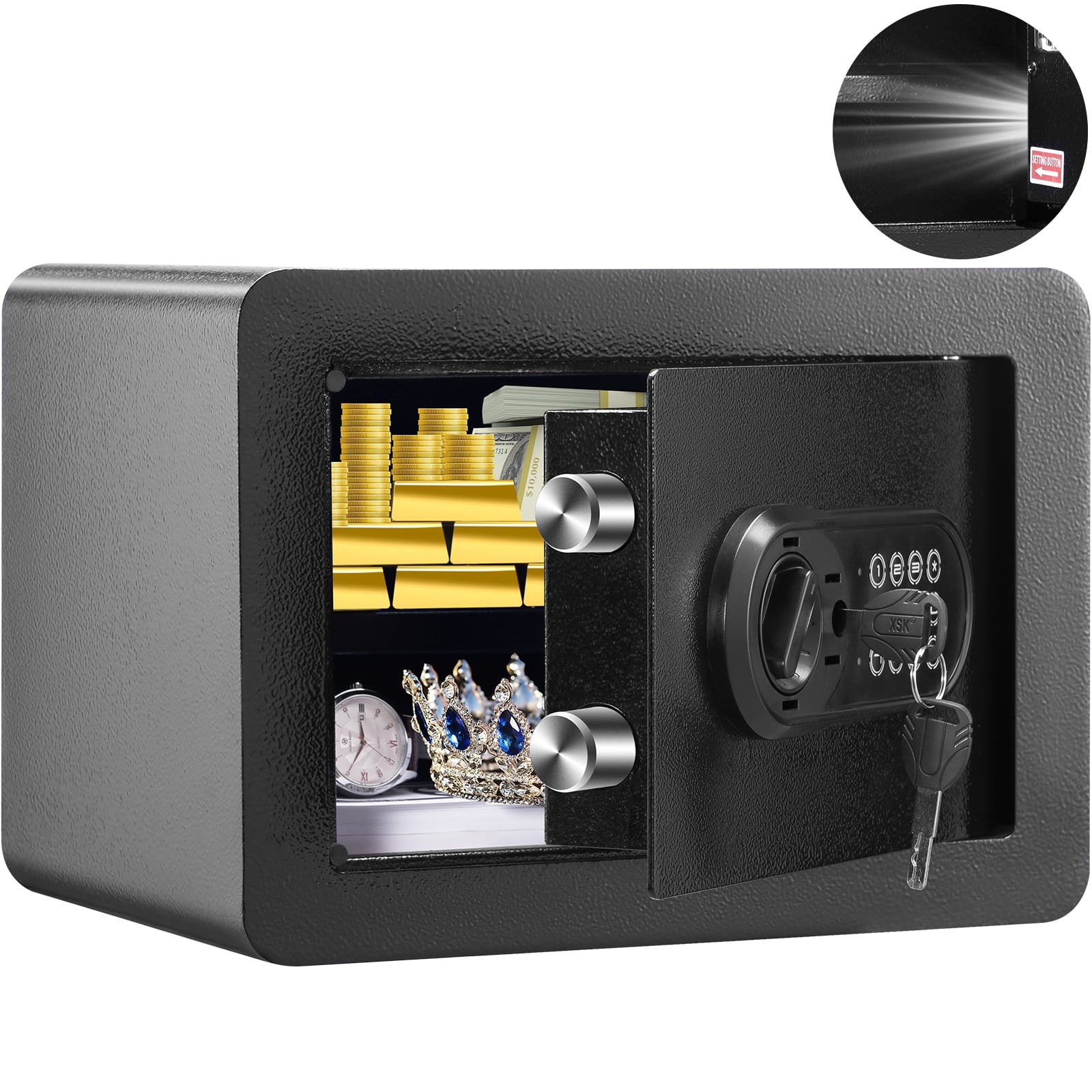 KFFKFF Safety Box, 0.5 Cubic Feet Residential Security Box, Steel Protection Box with Digital Lock and 2 Keys, Wall-Installed Storage Box for Money, Precious Metals, Jewelry