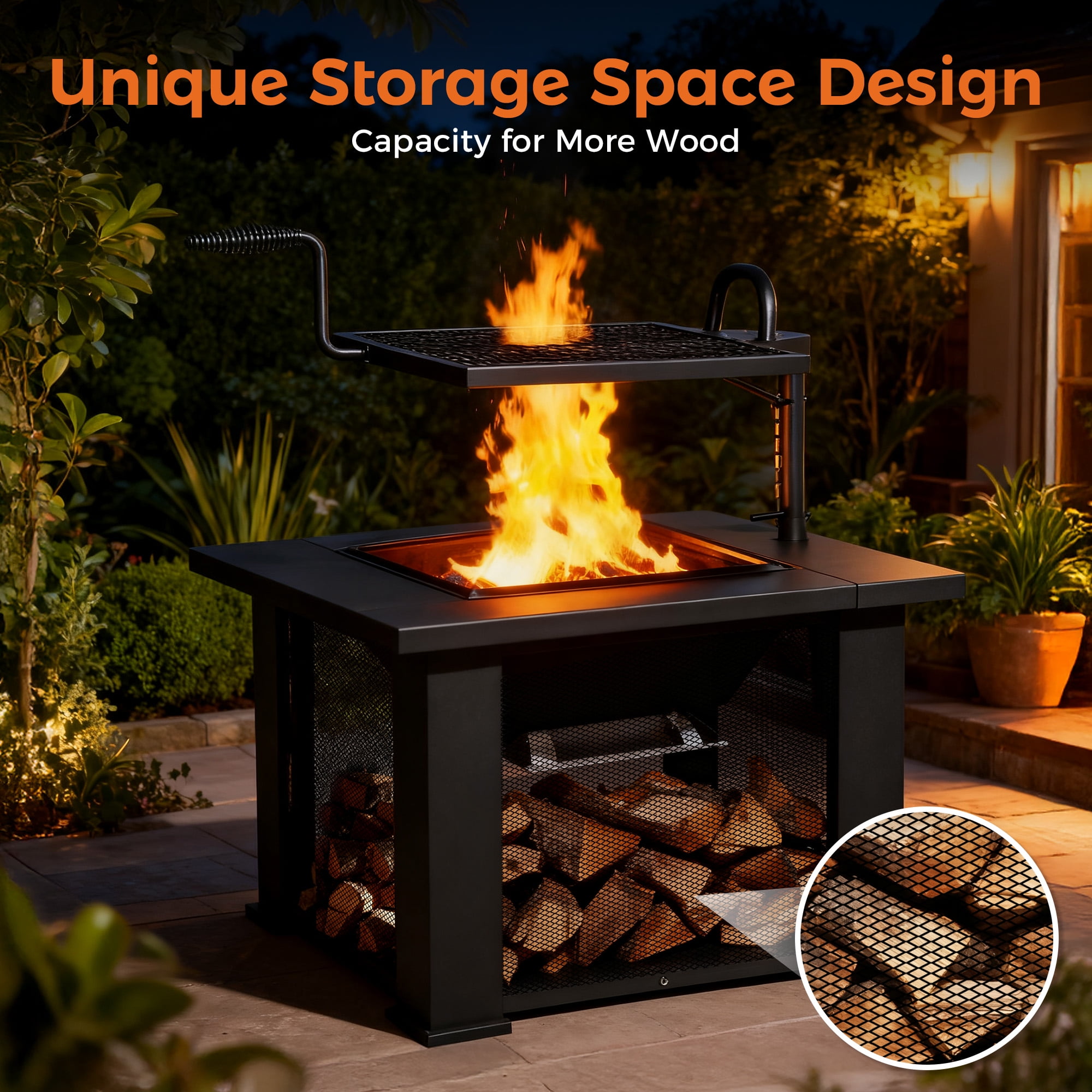 BALI OUTDOORS 3 in 1 Square Fire Pit with Grill, 31 inch Wood Burning Firepits with Poker for Patio, Backyard