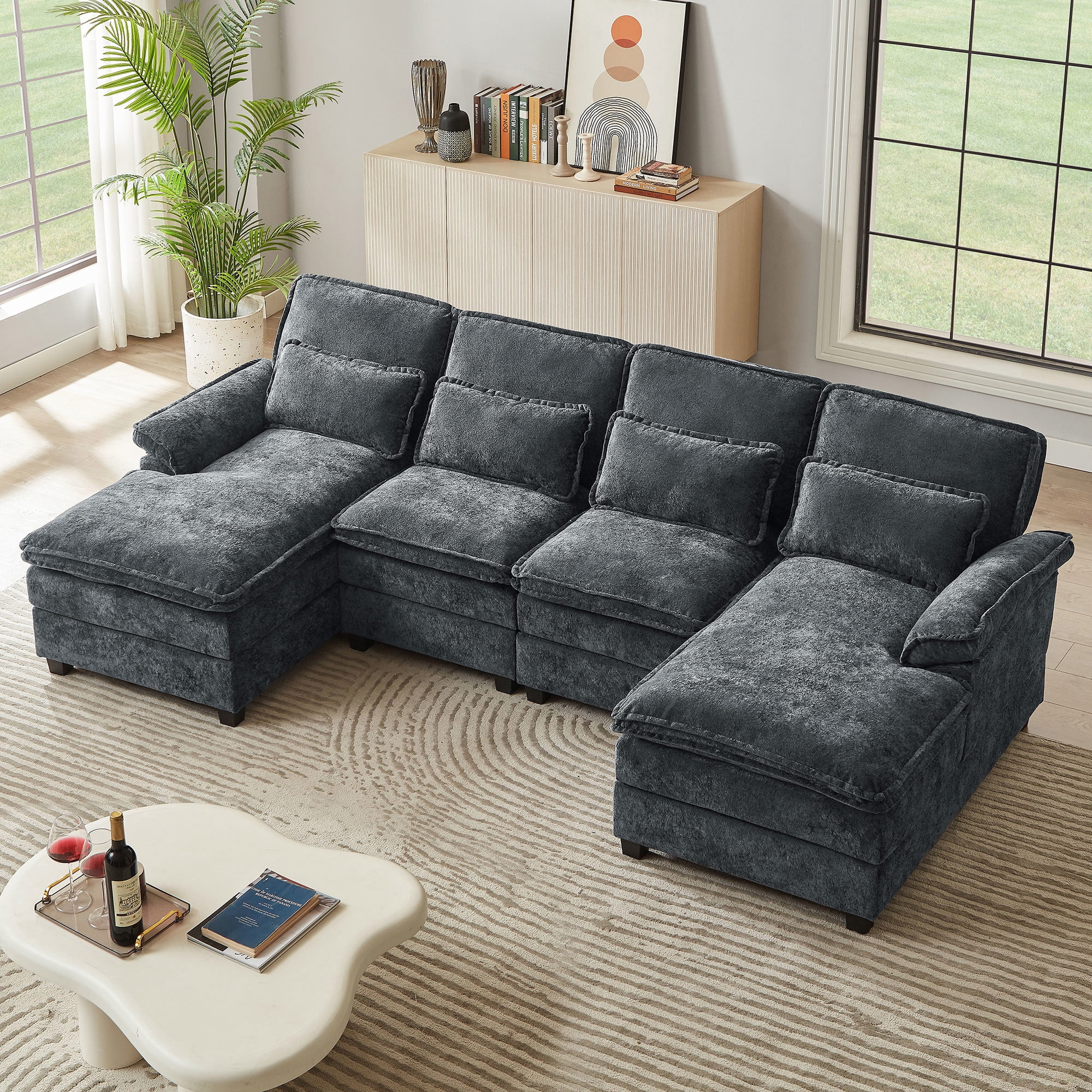 Soscana 113" Sectional Sofa Oversized U Shaped Couch with Double Chaise,Cloud Couch with 4 Waist Pillows,Modern Linen Seating Furniture for Living Room Office Studio Apartment,Gray