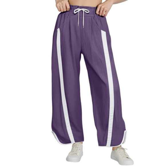 Womens Slacks Baggy Wide Leg Pants Drawstring Elastic High Waisted Contrast Color Workout Sweatpants Sweatpants Women Purple XXL