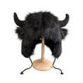 thumbnail image 2 of Faux Fur Trooper Hat for Women Men Furry Buffalo Hat with Horns Furry Earmuff Winter Trooper Hats Fluffy Earflap Hat 2026, 2 of 3