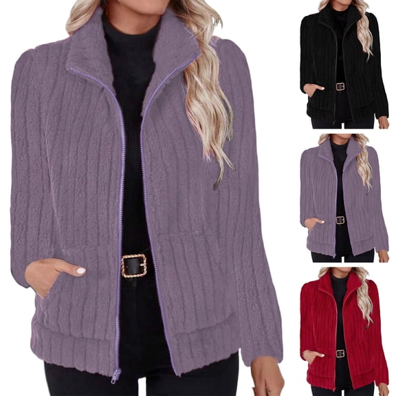 Zip Up Fleece Jacket Women Long Sleeve Fall Outfit Stand Collar Lightweight Office Casual Jackets with Pocket