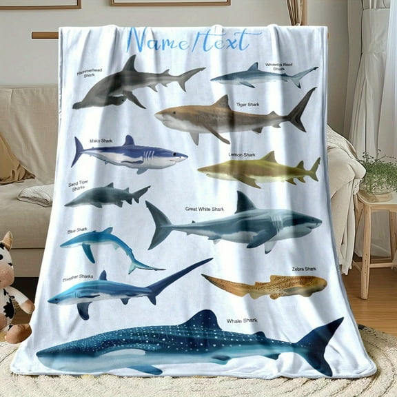 Custom Name Shark Blanket - Lightweight Flannel Throw with Vibrant Shark Illustrations, Soft & Warm Digital Print for Sofas, Beds, Travel, Camping, Living Rooms, Offices, and Chairs - All-Season Cozy