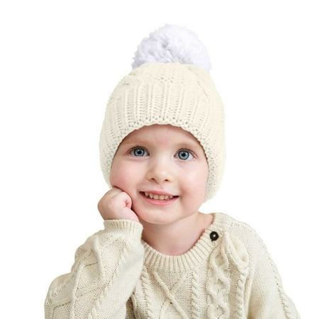 

BIZIZA Toddler Baby Hats Beanie Cute Warm Pompom Solid Color Caps for 0-3Y Newborn White One Size