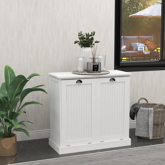 Double Tilt-Out Trash Cabinet & Free Standing Laundry Sorter, White Modern Bathroom Storage with Removable 2-Compartment Hamper