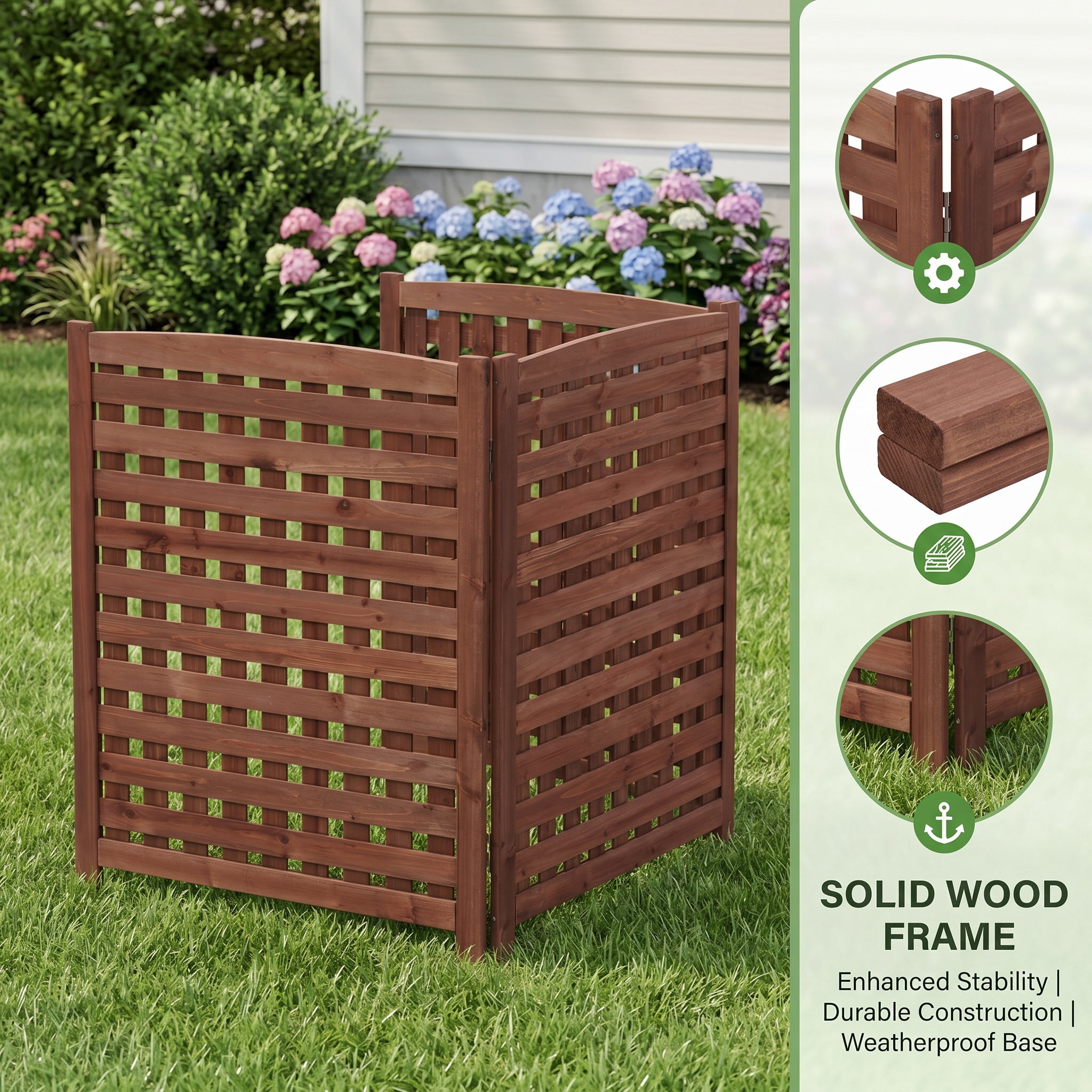 Outdoor Wood Privacy Fence 3-Panel 32W x 38H, Solid Wood Air Conditioner Screen with Slat Spacing for AC Unit Trash Can Pool Pump Enclosure, Brown