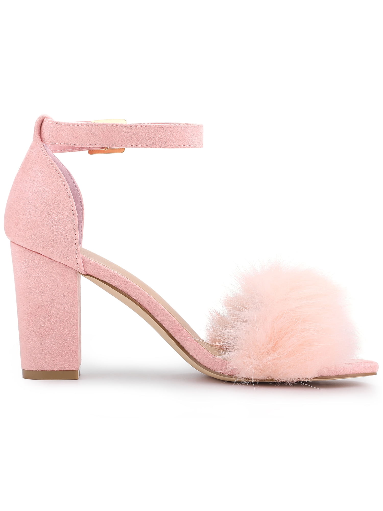 DARING DIVA Women's Ankle Strap Faux Fur Block Heels Beige Sandals for Wear Pink 6