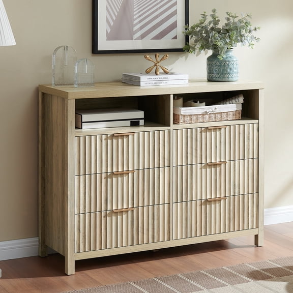 OAKHAM 6 Drawer Dresser, Fluted Wide Chest of Drawers for Bedroom Living Room, Sunwashed Ash Oak