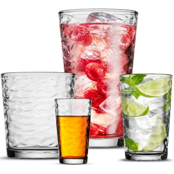 POPLASS Biscayne 24-Piece Family Drinking Glasses Set - Drinking Glassware Set with Highball Cooler, DOF (Double Old Fashioned), Juice Glasses and Shot Glasses - 6 Each