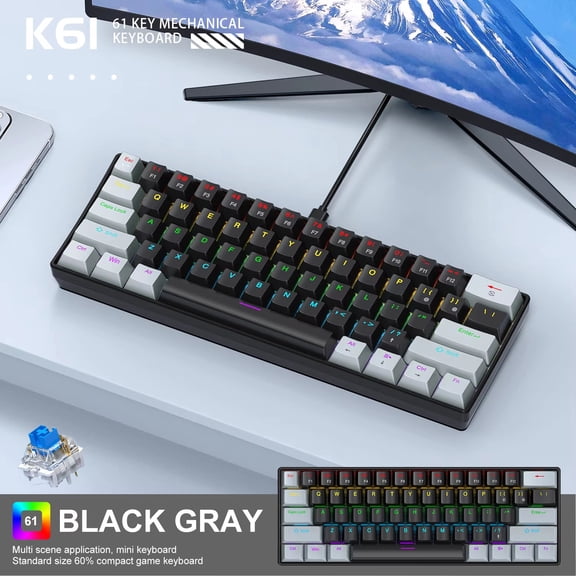APAYADO K61 60% Wired Mechanical Gaming Keyboard, 61 Keys Compact Mini Keyboard with RGB Backlit, Blue/Red Switches, Black/White