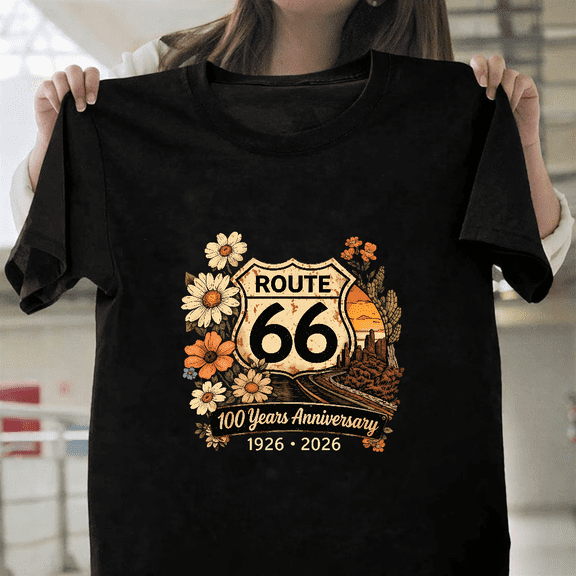 Route 66 100 Years Anniversary 1926 2026 Highway Road Trip Unisex T-Shirt, up to size 3XL.