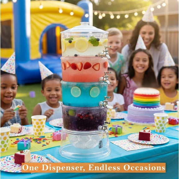 Party Tower Beverage Dispenser 4 Chambers - Large 4 Gallon Drink Dispensers For Parties With Spigot & Lid - Clear Plastic Juice Lemonade Punch Server With Ice Compartment - Modular Stackable Design