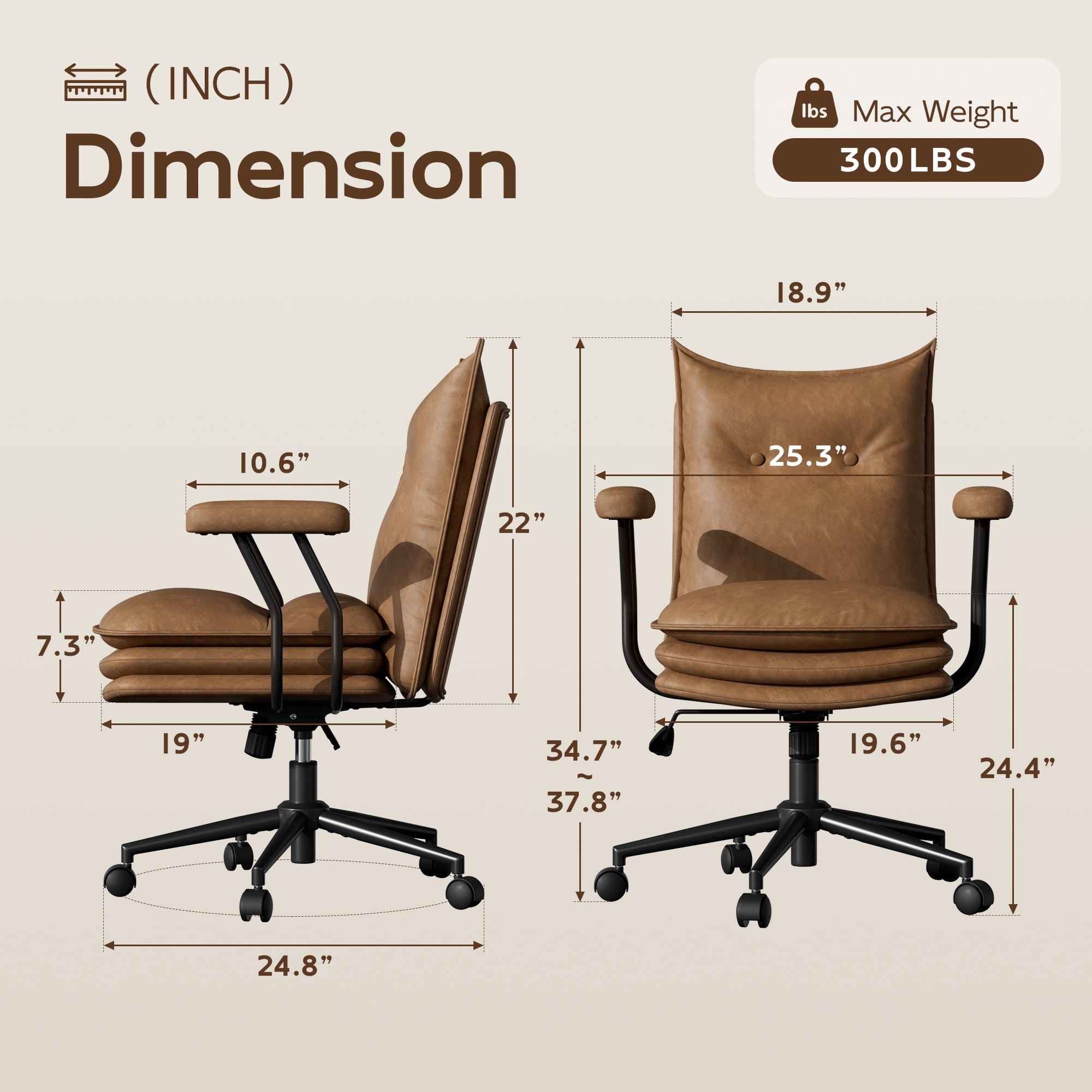 iooHug Ergonomic Brown Office Chair, PU Leather Desk Chair with Thick Cushioned Seat, Mid Back Swivel Office Chair for Home Office & Study, Adjustable Height, 300 LBS