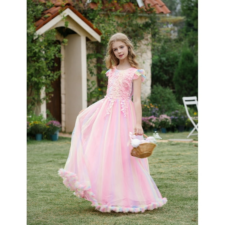IBTOM CASTLE Flower Little Big Girls Maxi Dress Bridesmaid Wedding Pageant  Party Princess Communion Floral Boho Vintage Lace Dance Gown 11-12 Years  Rainbow Pink - Walmart.com