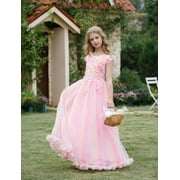 IBTOM CASTLE Flower Little Big Girls Maxi Dress Bridesmaid Wedding Pageant Party Princess Communion Floral Boho Vintage Lace Dance Gown 11-12 Years Rainbow Pink