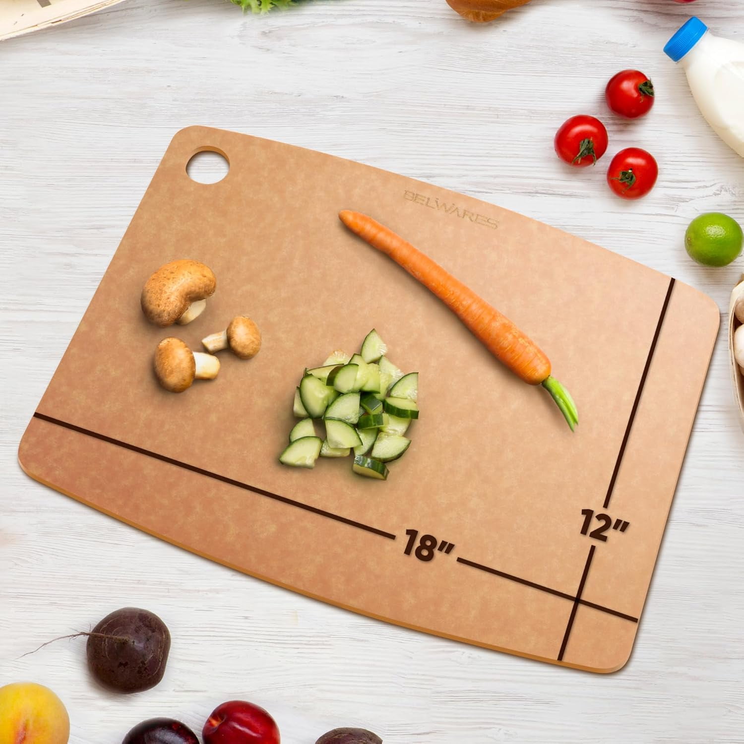Composite Wood Cutting Board for Kitchen, Extra Large 18 x 12 Inch, Dishwasher Safe, Thin Rectangular Chopping Board, Natural, Belwares