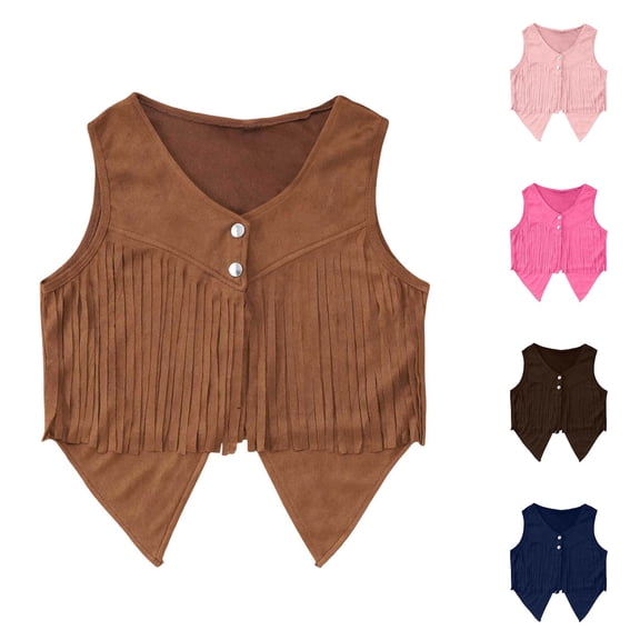 LYHaoo Girls Tassels Sleeveless Vest Western Style Cowgirl Fringe Jacket Suede Vest For Festival Summer Outfit,5-7 Years