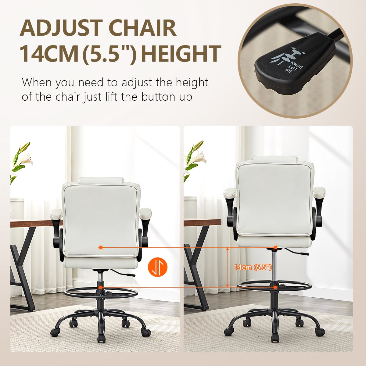JONPONY 500 lbs Tall Office Chair with Flip-up Armrests for Standing Desk Executive Ergonomic Computer Leather Desk Chair with Lumbar Support, Adjustable Foot Ring for Home,WHITE
