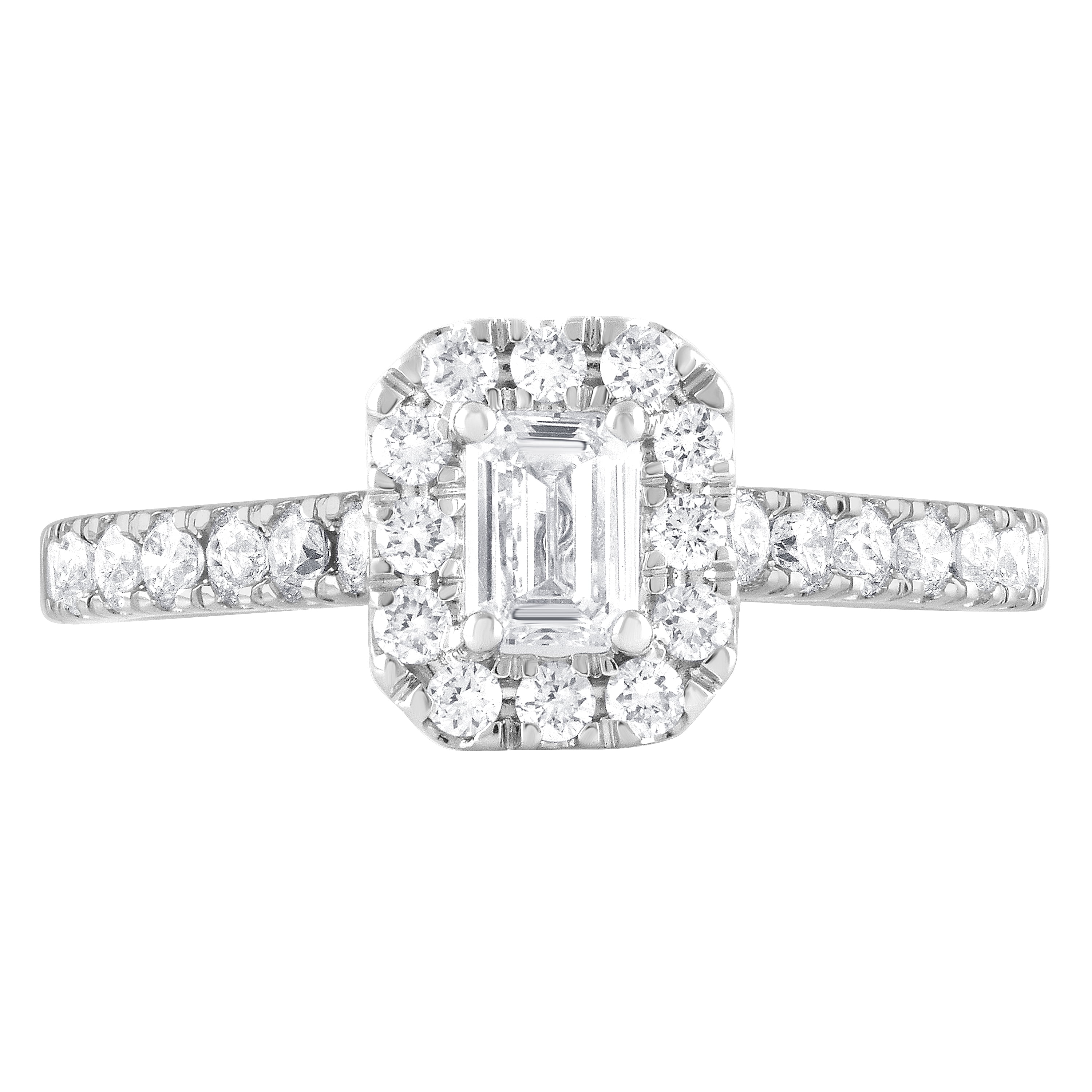 Unique Moments 1 ct Lab Grown Diamond Halo Emerald Engagement Ring in 14K White Gold (G-H, SI1-SI2)